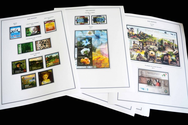 COLOR PRINTED SAN MARINO 2011-2020 STAMP ALBUM PAGES (58 illustrated pages)