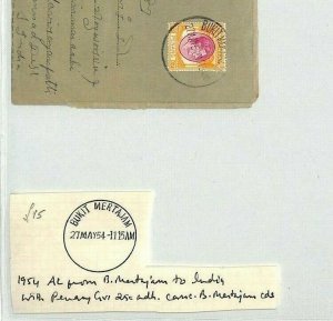 Malaya PENANG Air Letter *Bukit-Mertajam* 1954 CDS India {samwells-covers}BL93