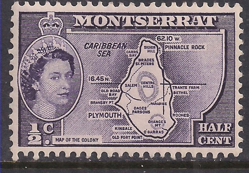 Montserrat 1958 QE2 1/2ct Deep Violet MM SG 136b Die 2 ( E1273 )