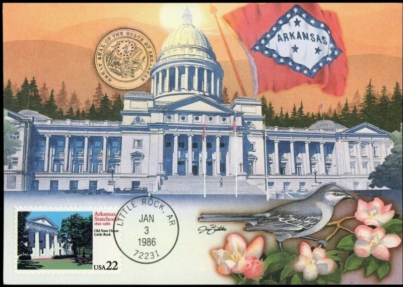 FDI scott 2167 Arkansas Statehood AR Fleetwood Cachet Maximum Card 1986