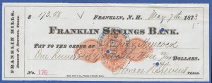 US 1873 2c Used Bank Check, Sc RN-D1, Franklin Savings Bank, New Hampshire