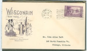 US 755 1935 3c Wisconsin 300th anniv/Farley imperf on an addressed (typed) FDC with a Grimsland cachet