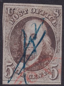 #1a Used, F-VF, 3 1/2 margins, blue manuscript cancel (CV $450 - ID47914) - J...