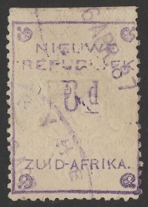 SOUTH AFRICA - NEW REPUBLIC 1887 6d violet yellow paper, with embossed arms.  