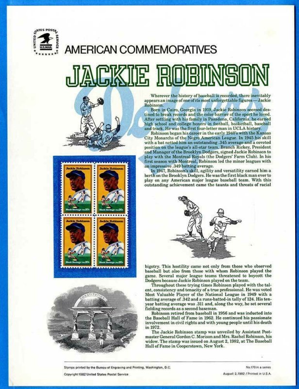 USPS COMMEMORATIVE PANEL #170 JACKIE ROBINSON #2016