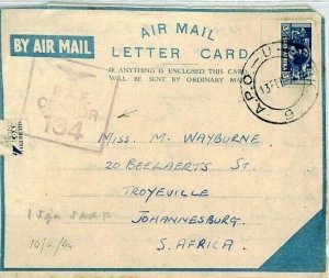 SOUTH AFRICA WW2 Pilot 1 Sqn SAAF Air-Letter *RAF CENSOR 134* Cover Joburg CZ115