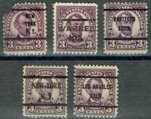 1926 five 3c 4th Bureau (635) with PRECANCELS from various cities and states.