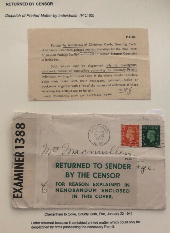 1941 Cheltenham England Returned To Sender By Censored Cover To Cork Ireland