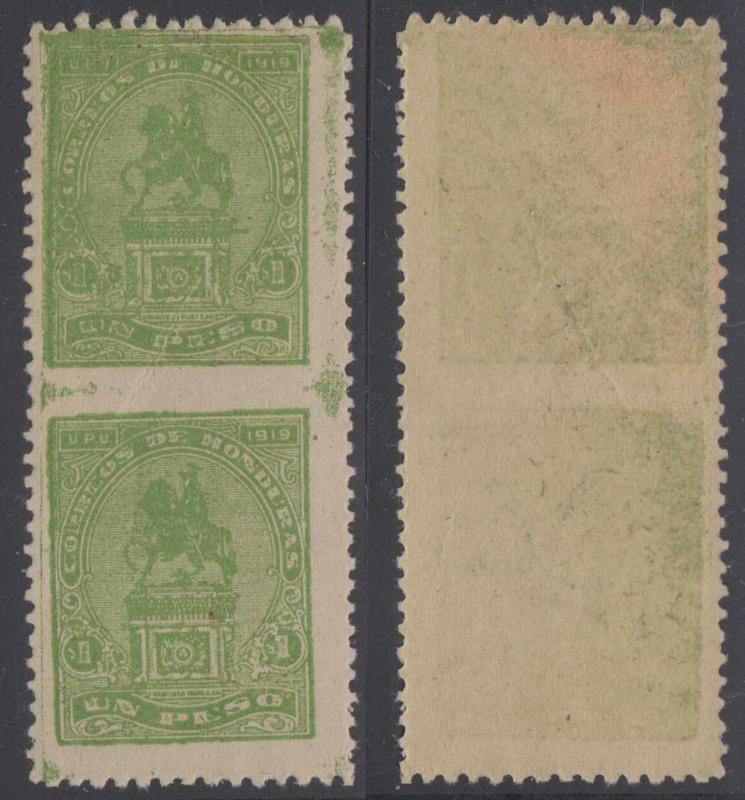 HONDURAS 1919 MORAZAN Sc 193 TOP VALUE OLIVE GREEN PAIR HORIZONTALLY IMPERF MINT