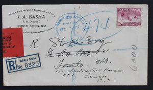 Newfoundland #262 on J.A. BASHA Stamp Dealer Reg. Cover with Duty Free Handstamp