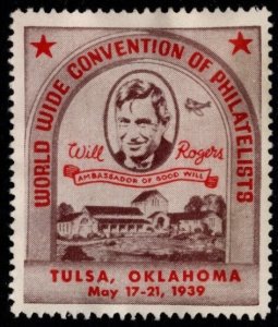 1939 US Cinderella World Wide Convention Philatelists Will Rogers Ambassador