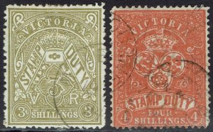 VICTORIA 1884 STAMP DUTY 3/- AND 4/- POSTALLY USED WMK V/CROWN SG TYPE W33