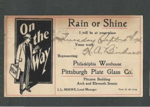 1906 Phila Plate Glass Co Salesmans Calling Card Illustrated On My Way Rain Or--