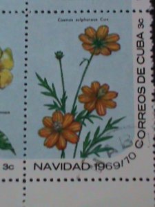 ​CUBA-1969-SC#1473a CHRISTMAS-LOVELY WILD FLOWERS IMPRINT BLOCK FANCY CANCEL VF