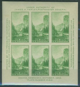 USA SC# 751 Yosemite National Park, 1c Sheet of 6 MNH