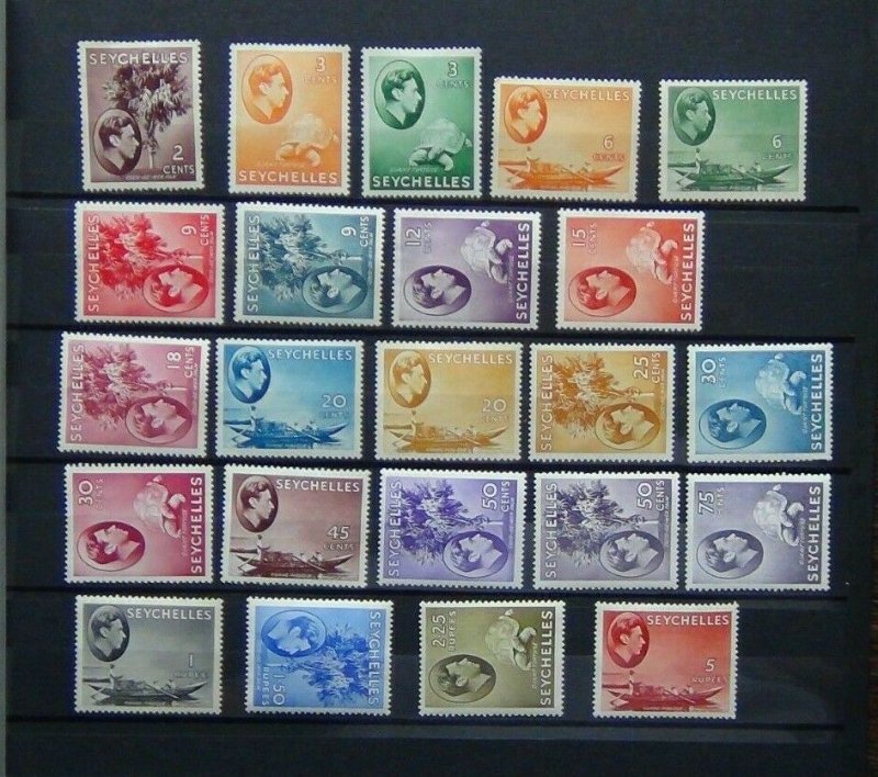 Seychelles 1938 - 49 values to $5 MM 2c Gum faults 1r Toned 1r50 rust