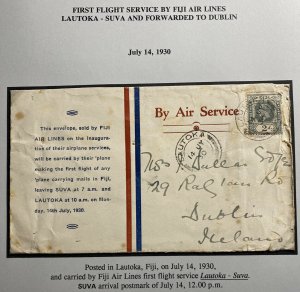 1930 Lautoka Fiji Early Airmail First Flight Cover FFC To Dublin Ireland