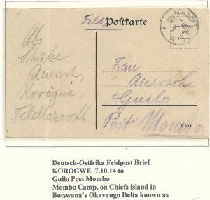 1914 Korogwe, German East Africa Feldpost to Post Mombo Camp on ... (HS1337)