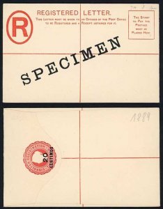 Gibraltar HG7 20c on 2d Vermilion Registered Envelope Size F DLR opt SPECIMEN