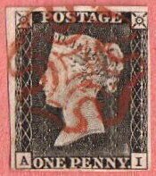 GBR SC #1 U (A,I) 1840 Queen Victoria w/red MC 3 margin w/lt. backside crs @ LR