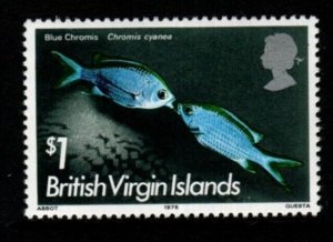 BRITISH VIRGIN ISLANDS SG343w 1975 FISH 20c WMK CROWN TO RIGHT OF CA MNH