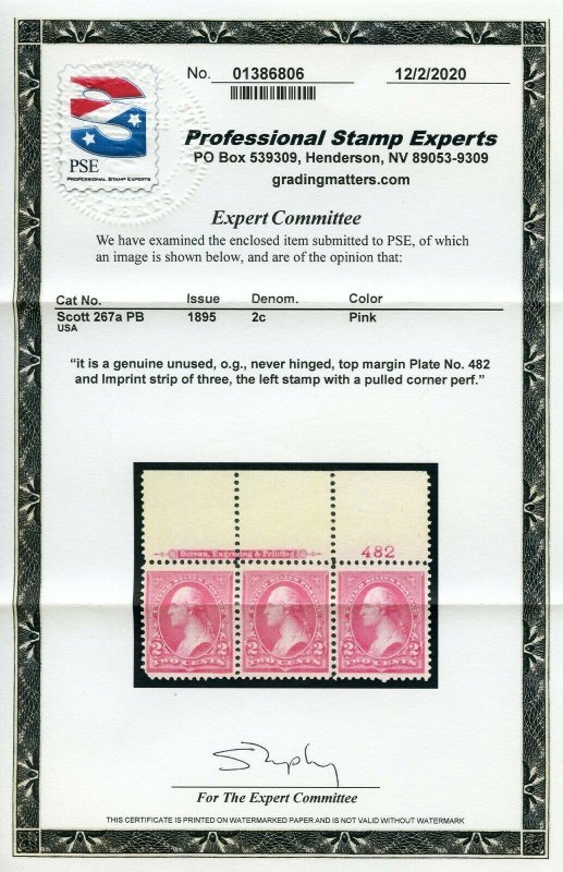 #267a PL# Imprint Strip Of 3 Mint-VF-OG-NH W/ PSE CERT SCV $200 (2/13 GP)