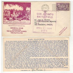 1936 UNLISTED TEXAS CENTENNIAL 4/21 BERNHARDT WALL CACHET & HISTORICAL TEXT CARD