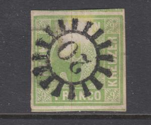 Bavaria Sc 6 used. 1850-58 9kr yellow green Numeral, 20 closed Millwheel cancel