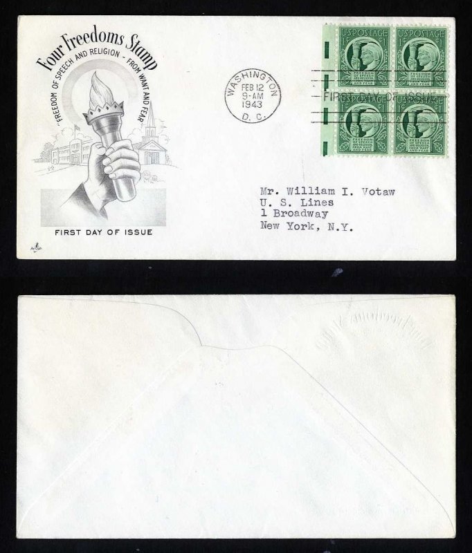 # 908 Block of 4 First Day Cover addressed with Artcraft cachet - 2-12-1943 - #1