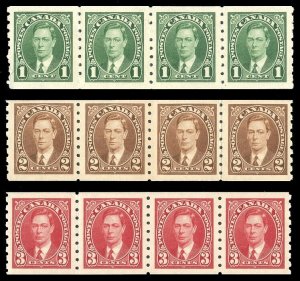 Canada 1937 KGVI complete set of three in COIL STRIPS of four MNH. SG 368-370.