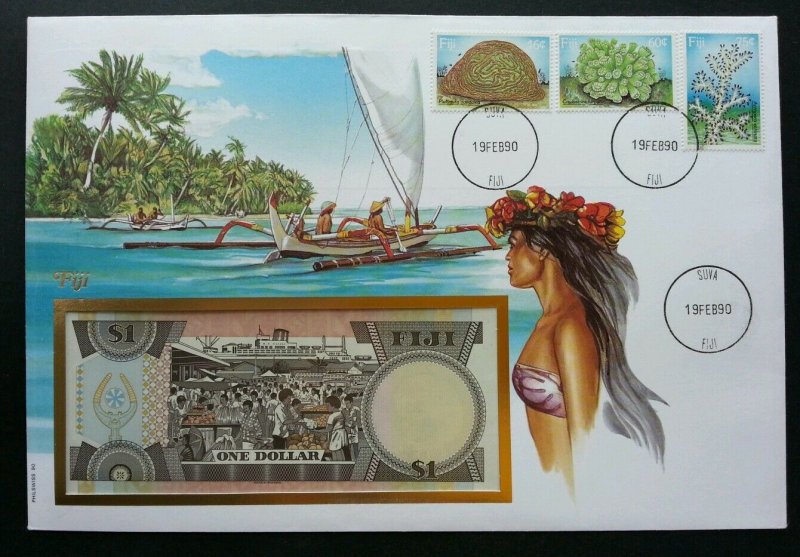 Fiji Corals 1990 Reef Beach Island Ocean Life Marine FDC (banknote cover) *rare