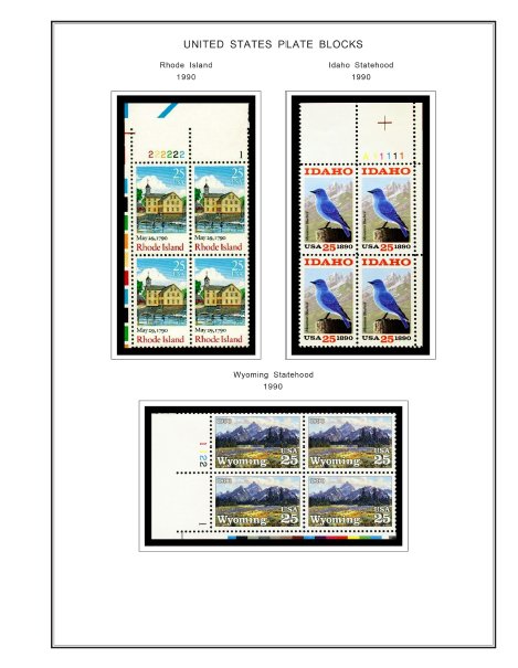 COLOR PRINTED US PLATE BLOCKS 1990-1999 STAMP ALBUM PAGES (119 illustr. pages)