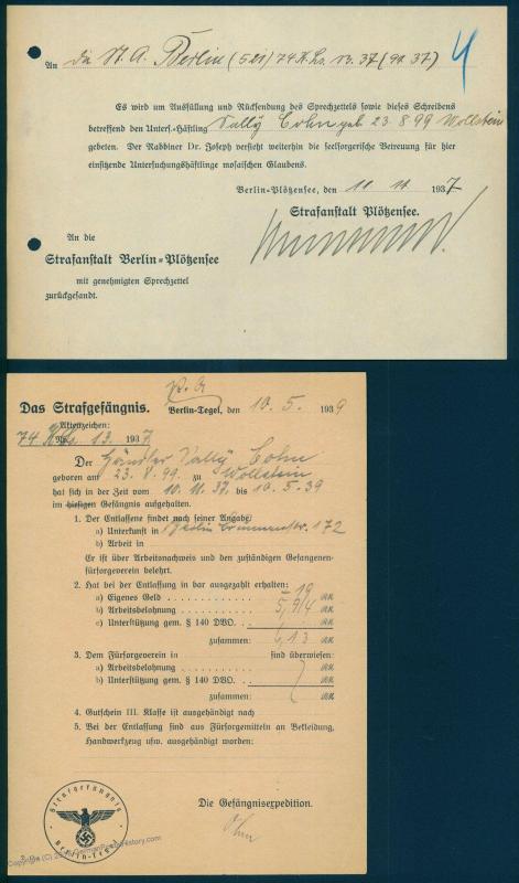 Germany 1937-40 Jewish Prisoner Family Berlin Plotzensee Tegel Corresponde 87505