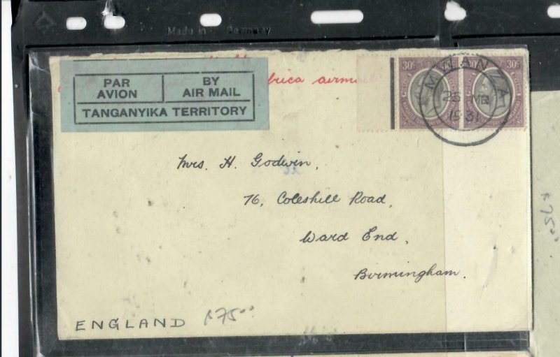 TANGANYIKA  COVER (P2908B) 1931  KGV   30CX2   A/M COVER TO ENGLAND