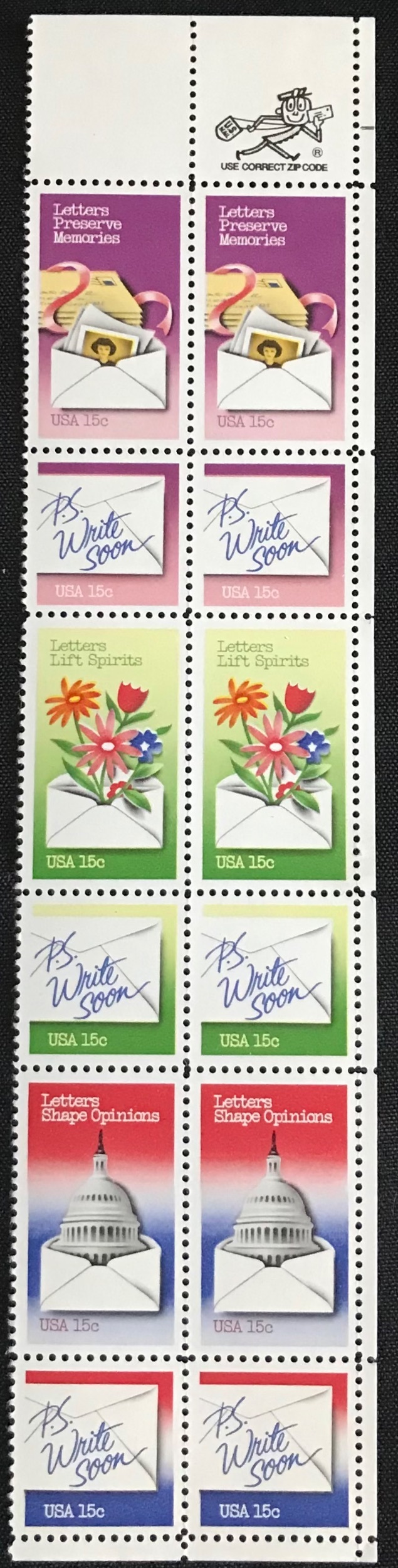 US 18051810 (1810a) MNH Zip Strip of 12 Letter Writing SCV 1.85 L42