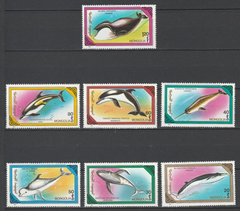 Mongolia 1990 Fauna Fish Whales 7 MNH stamps