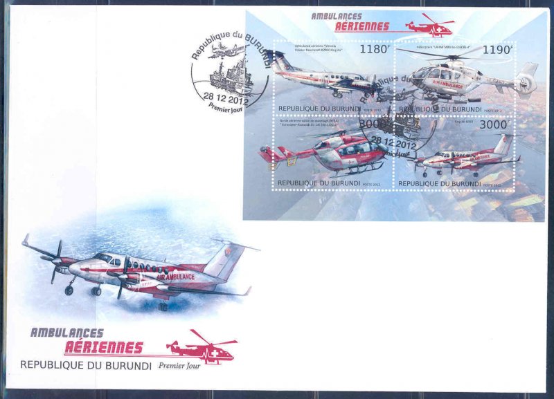 BURUNDI 2012 AERIAL AMBULANCES RED CROSS SHEET OF 4 FDC