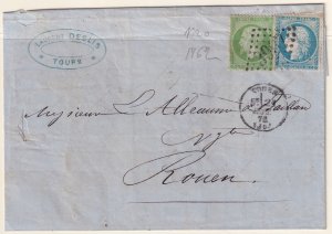 France 1872 Sc 23,57 folded letter Tours to Rouen with 3997 GC cancel