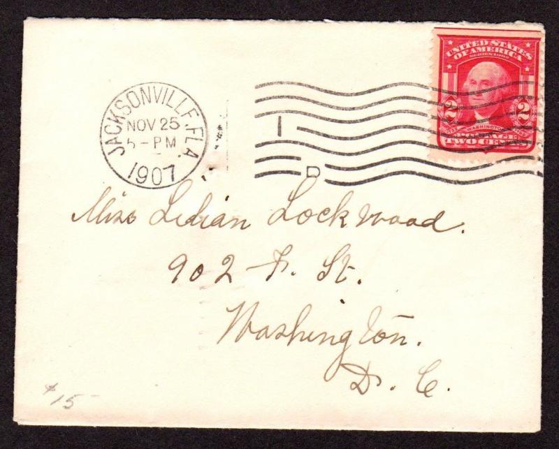 $Florida Machine Cancel Cover, Jacksonville, 11/25/1907, 7 wavy lines