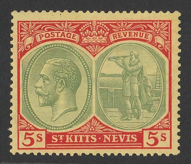 ST. KITTS-NEVIS 1921 KGV Badge 5/- green & red/yellow, wmk script.