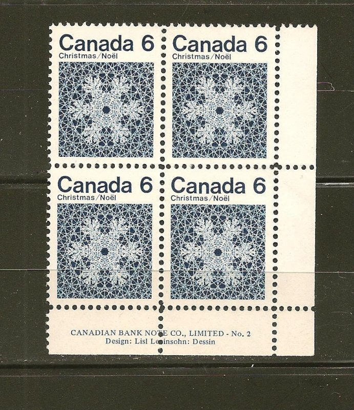 Canada SC#554 Christmas 1971 Plate No 2 Lower Right Block of 4 MNH