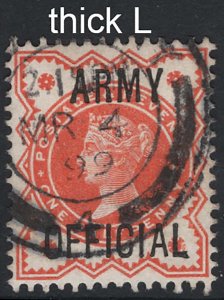 GB Officials 1887 ½d orange Army Official sgO41 fine used variety Thick 'L'
