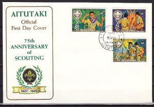 Aitutaki, Scott cat. 280-282. Scouting Anniversary issue. First day cover.