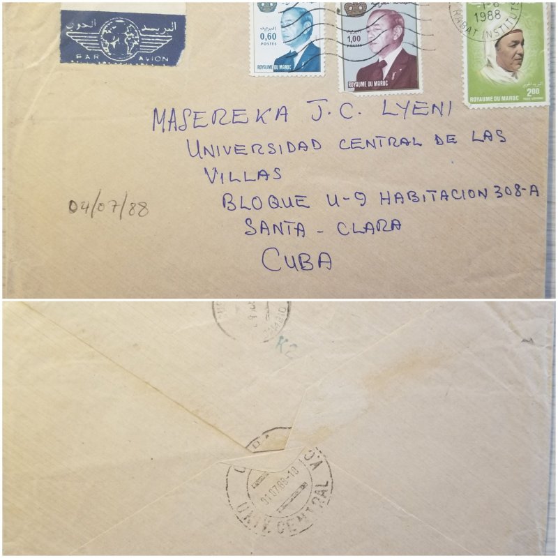 J) 1988 MOROCCO, KING HASSAN, MULTIPLE STAMPS, AIRMAIL, CIRCULATED COVER, FROM M