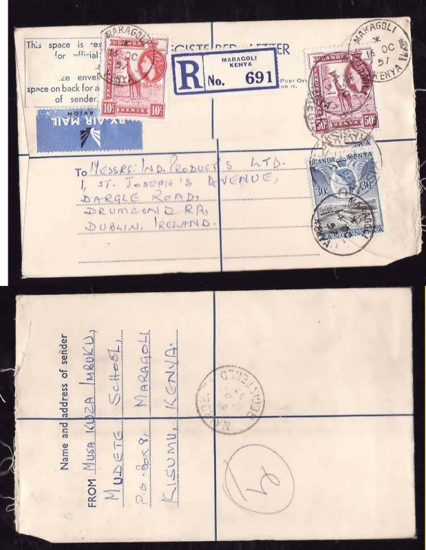 Kenya registered letter to Ireland - Maragoli, Kenya - 16 Oc 1957- registration
