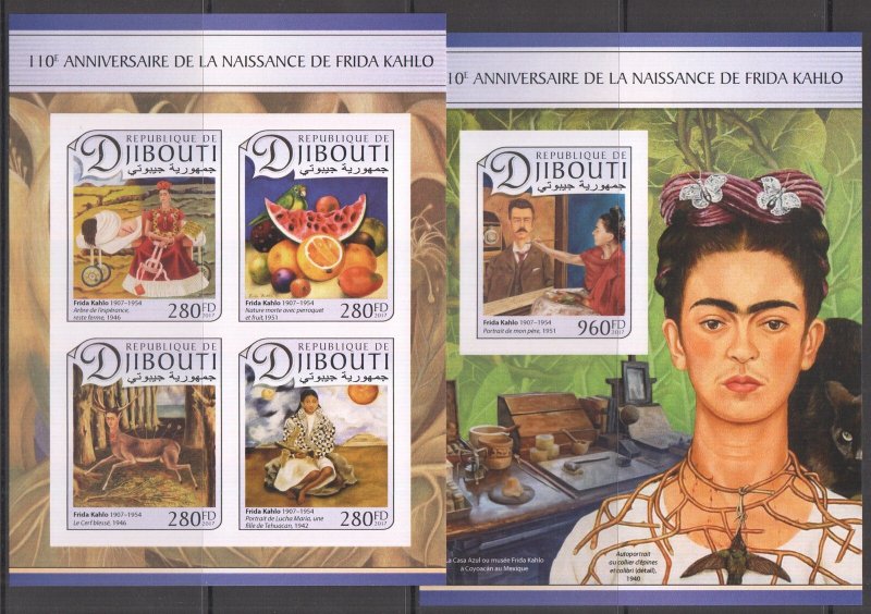Dz0907 ! Imperf 2017 Djibouti Art Frida Kahlo Paintings #1523-26+Bl613 Mnh