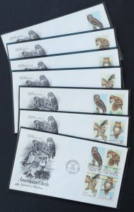 U.S. Used Stamp Scott #1760 - 1763 15c Owls Set of 7 ArtCraft First Day Covers