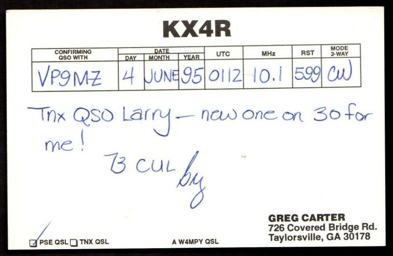 QSL QSO Radio Card Bartow County,KX4R,Greg Carter, Georgia (Q3442)