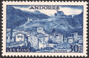 Andorra (French) #136  MOG - 30fr dp blu Village of Les Bons (1955)