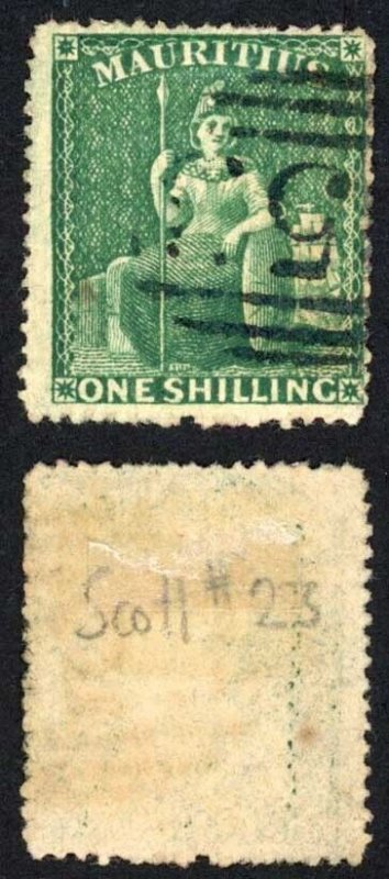 Mauritius SG55 1/- Deep Green Perf 14 to 16 Fine used Cat 425 pounds